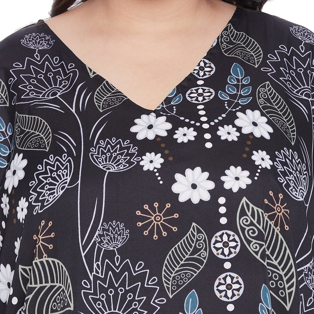 Black Floral Short Kaftan Knee Length Tunic Beach Summer Wear Beach Cover-Up - Picture 5 of 9